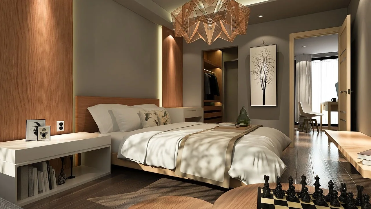 bright bedroom, wardrobe